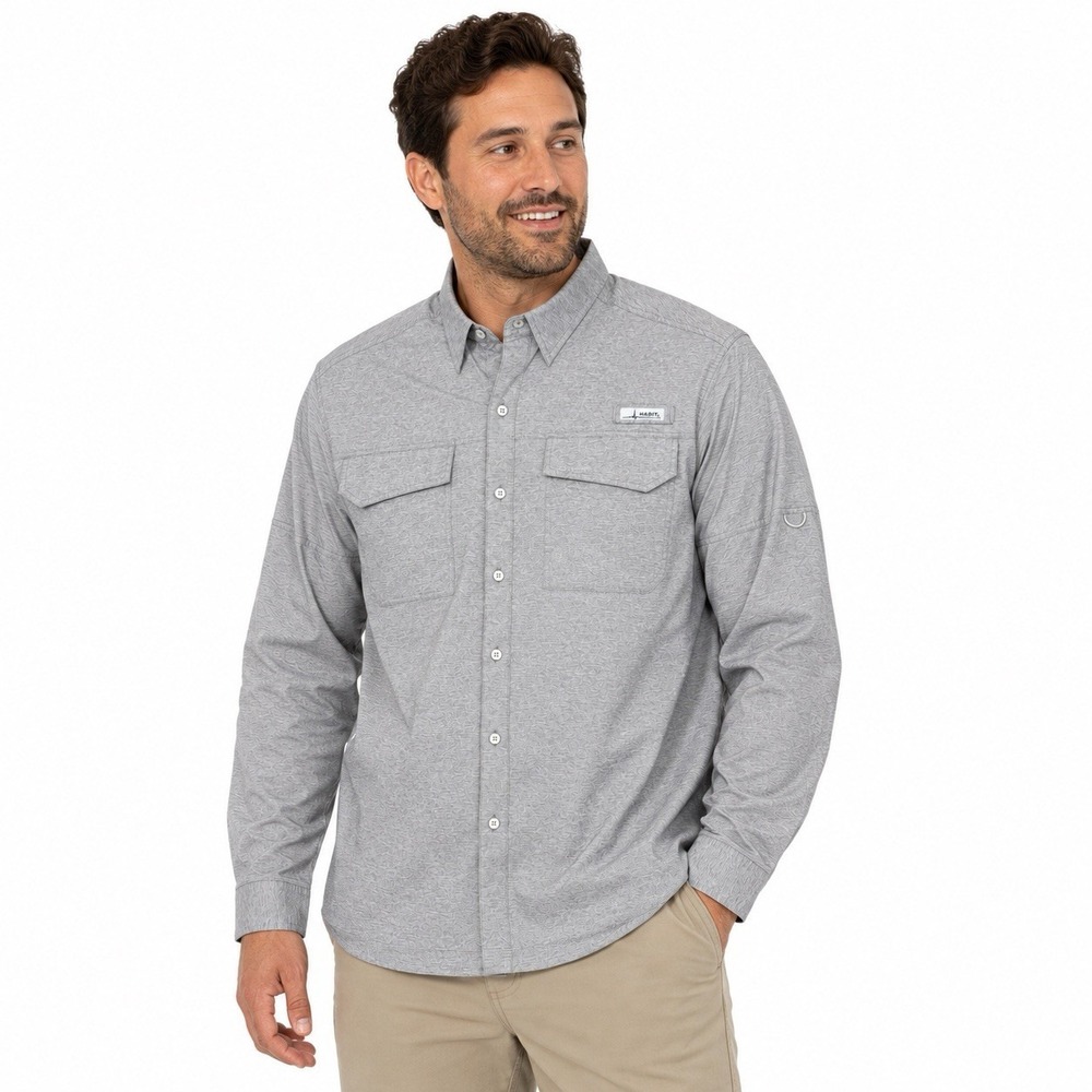Habit Men's Gray Long Sleeve Fishing Shirt 2XL UPF 40+ Performance Button Front